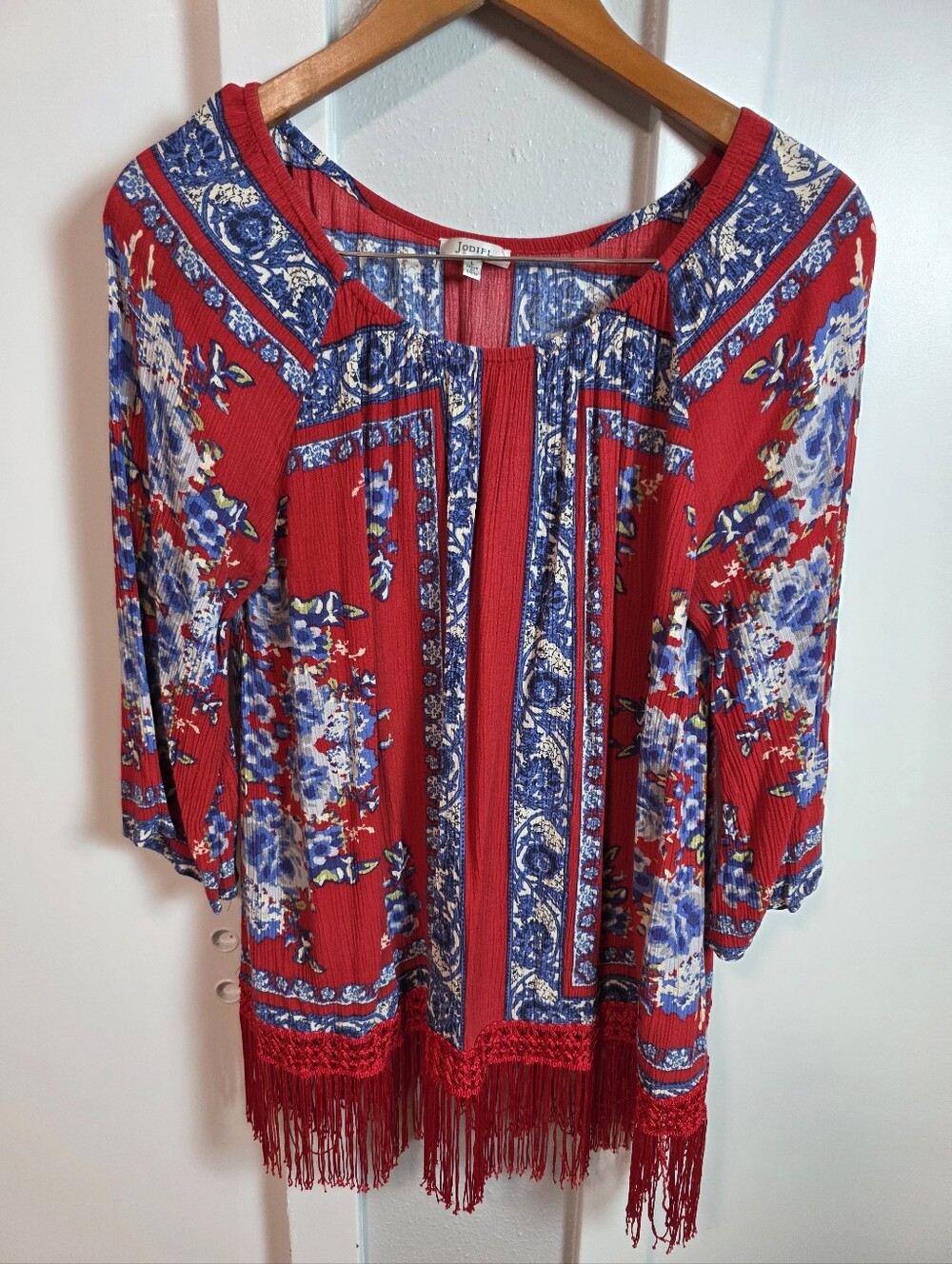 JODIFL Women's Boho Floral Paisley Print Fringe Trim Tunic Top